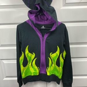 Disney Parks Women's Maleficent Black, Flame Zip Up Hoodie with Horns Large